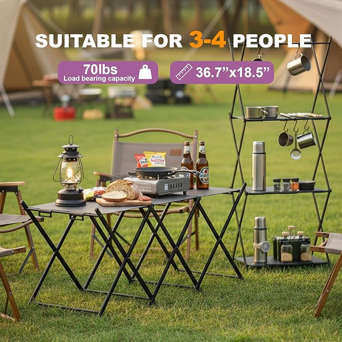 Folding Camping Table & Shelf, 2-in-1 Portable Aluminum Picnic Table and 3-Tier Storage Rack, Lightweight Low Table with Carrying Bag for Outdoor, Beach, Picnic, BBQ and Party