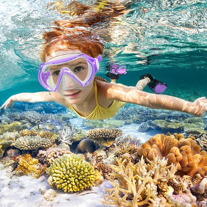 Kids Swim Goggles Snorkel Diving Mask for Boys Girls Ages 5-15, Two-Color Anti-Fog Swimming Goggles with Nose Cover