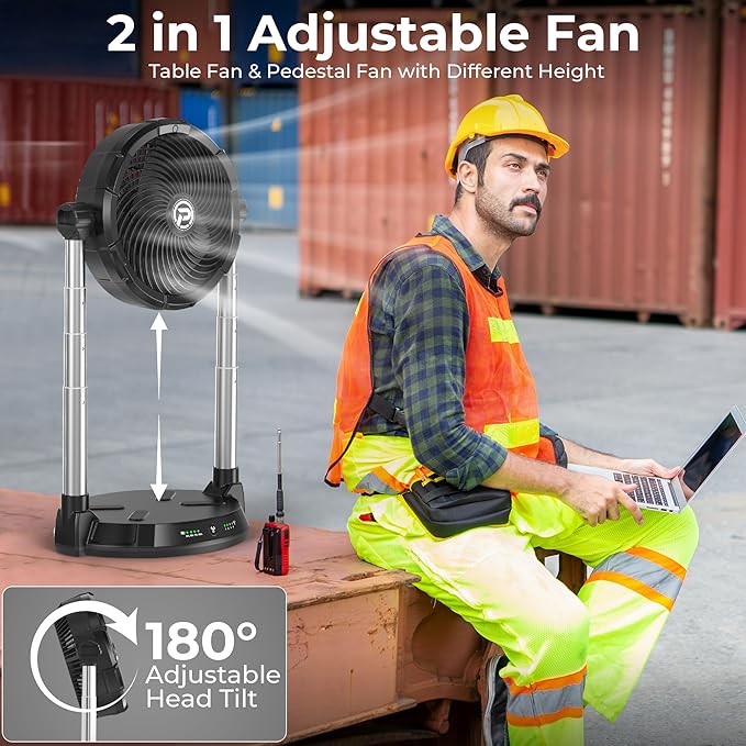 PANERGY Portable Battery Fan for Outdoors-40000mAh Rechargeable Battery, 4-Speed Fan,34.6" Height Adjustable,180° Pivoting Head & Dual Extendable rod for Camping/Beach/Patio/Jobsite/Workshop