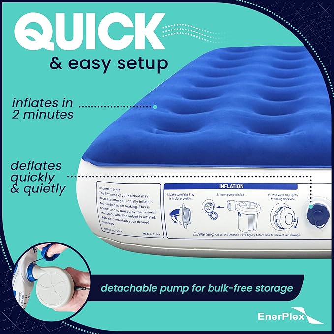 EnerPlex Camping Air Mattress with Built in Pump - Twin Blow Up Mattress for Travel Guests - Portable Bed for Adults and Kids - Blue Open Box