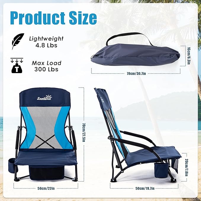 Lamberia Folding Beach Chair for Adults 2 Pack, Portable Low Beach Chairs with 300lbs Capacity, Lightweight Fodable Camping Chair for Travel, Picnic, Concert & Outdoor Activities, Navy Blue