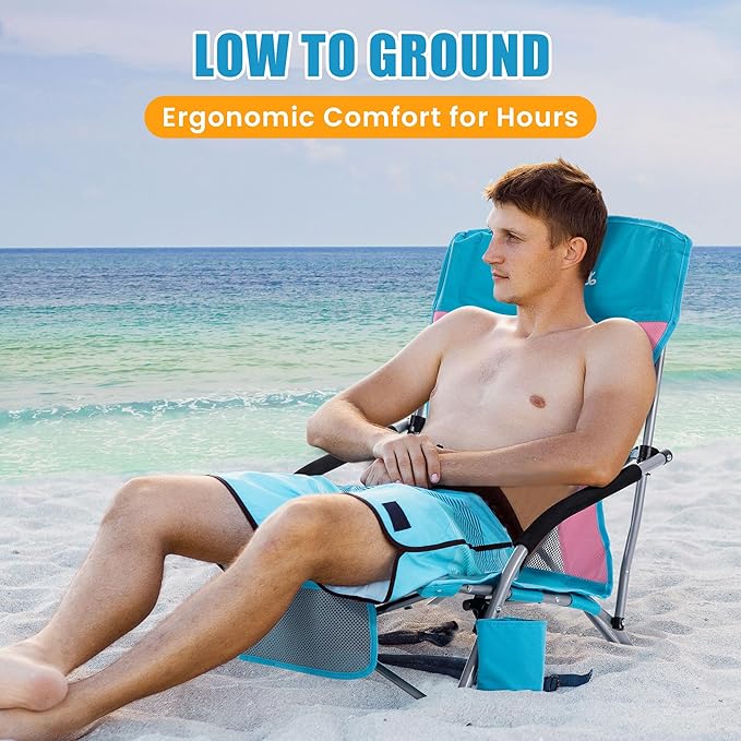 Lamberia Folding Beach Chair for Adults, Portable Low Beach Chairs with 300lbs Capacity, Lightweight Fodable Camping Chair for Travel, Picnic, Concert & Outdoor Activities, Blue-Pink
