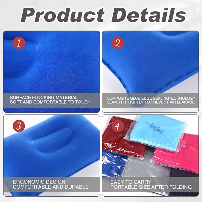 Geelin 12 Pack Inflatable Travel Pillow Squared Flocked Fabric Air Pillow Ultralight, Compact and Comfortable for Traveling, Camping, Hiking, Napping, Desk Rest, Neck Lumbar Support(13.39" × 8.66")