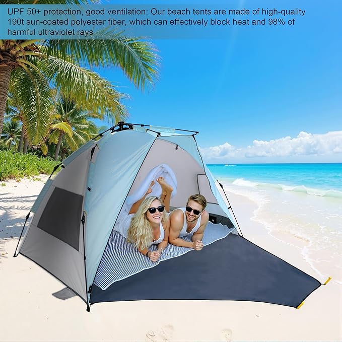 Pop Up Beach Tent Sun Shelter, Pop Up Beach Tent 94.5 x 55.1 x 51.1 inches, 3-4 Person, Blue, with Storage Bag