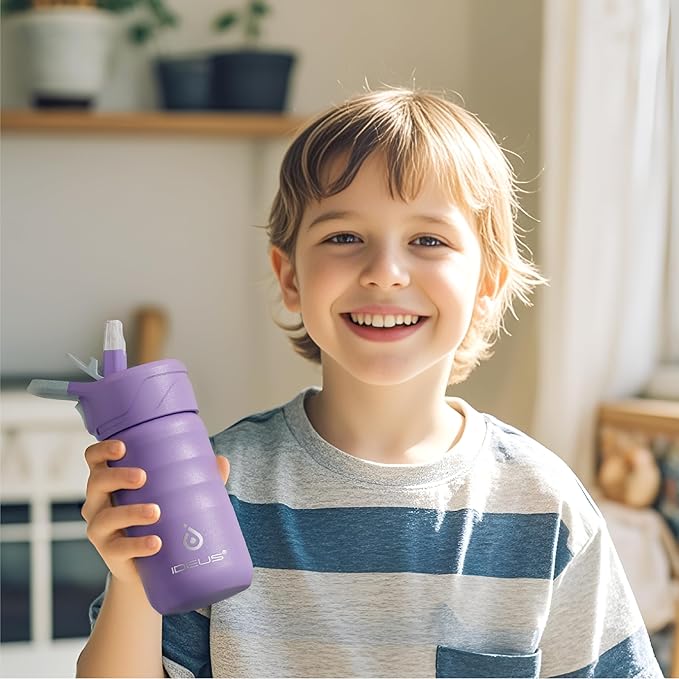 IDEUS Insulated Water Bottle 12oz, Stainless Steel Insulated Water Bottle For School, Insulated Bottles With Straws Leakproof, Vacuum Double Wall Water Bottles For Boys And Girls With 2 Lids, BPA Free