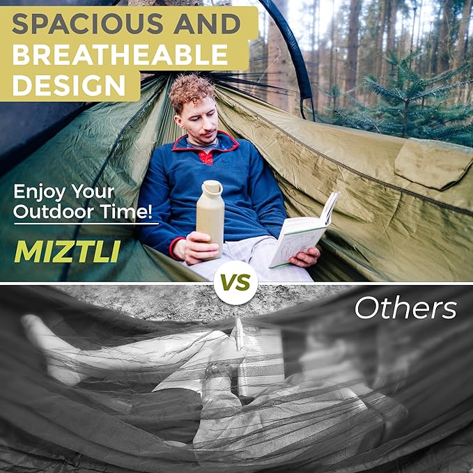 Miztli Camping Hammock -Portable Hammock w/Spacious Net & Tree Straps w/Adjustable Loops, Double and Single Hammock for Outdoor, Indoor, Hiking and Travel
