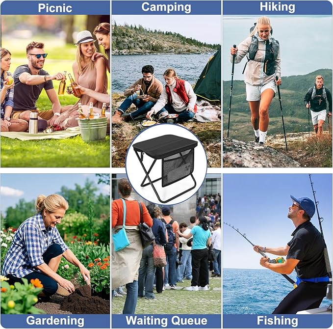 Portable Folding Camp Stool with Side Pocket, Lightweight Foldable Camping Stool for Adults, Backpacking Travel Fishing Stool Mini Chair, Compact Folding Seat with Storage Bag
