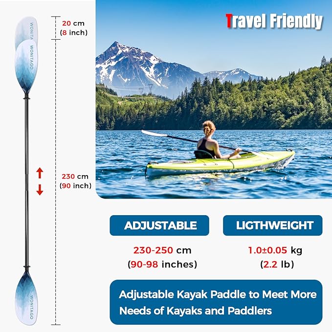 Kayak Paddle Carbon Fiber Shaft and Reinforced Nylon Blade, Adjustable Kayaking Oars, 3 Piece, 230-250 cm/90-98 Inches,210-230 cm/82-90 inches