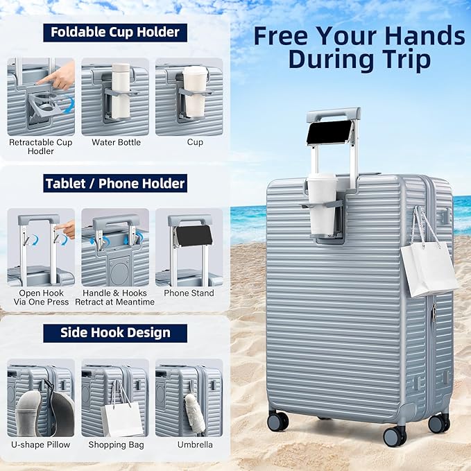 Hard Shell Suitcases 28 Inch Large Checked Luggage with Spinner Wheels Cup Holder, Expandable Check in Luggage Lightweight Top Opening Luggage Big Rolling Suitcase with Lock, Silver