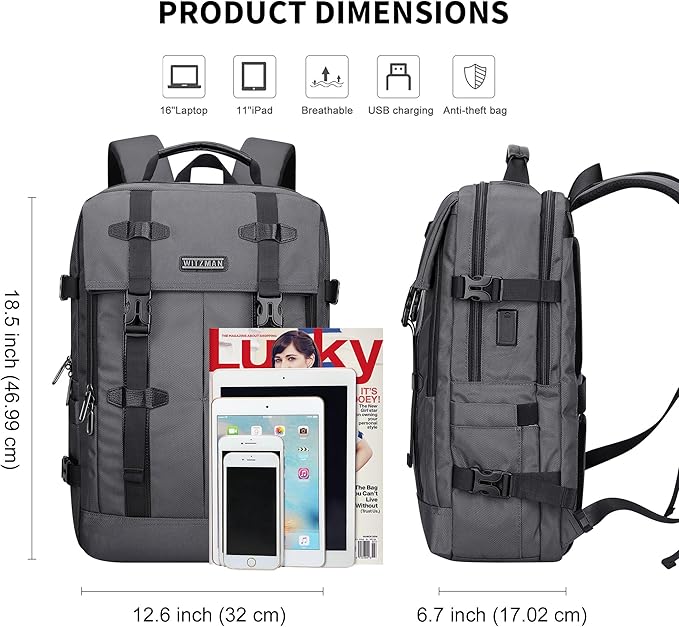 WITZMAN Travel Laptop Backpack for Men Fit 16 inch Computer Carry-on Airline Approved with USB Charging Port(B716 Silvery Grey)