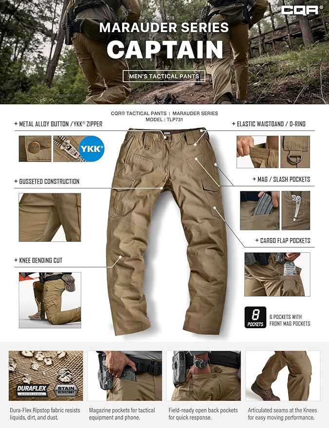 CQR Men's Flex Ripstop Tactical Pants, Water Resistant Stretch Cargo Pants, Lightweight EDC Hiking Work Pants
