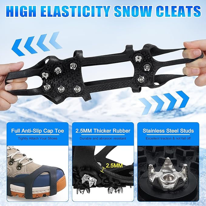 Ice Cleats for Shoes and Boots Snow Traction Cleats Crampons for Walking on Snow and Ice 9 Studs Non-Slip Overshoe Rubber Anti Slip Crampons Slip-on Stretch Footwear Winter Hiking Climbing Ice Fishing