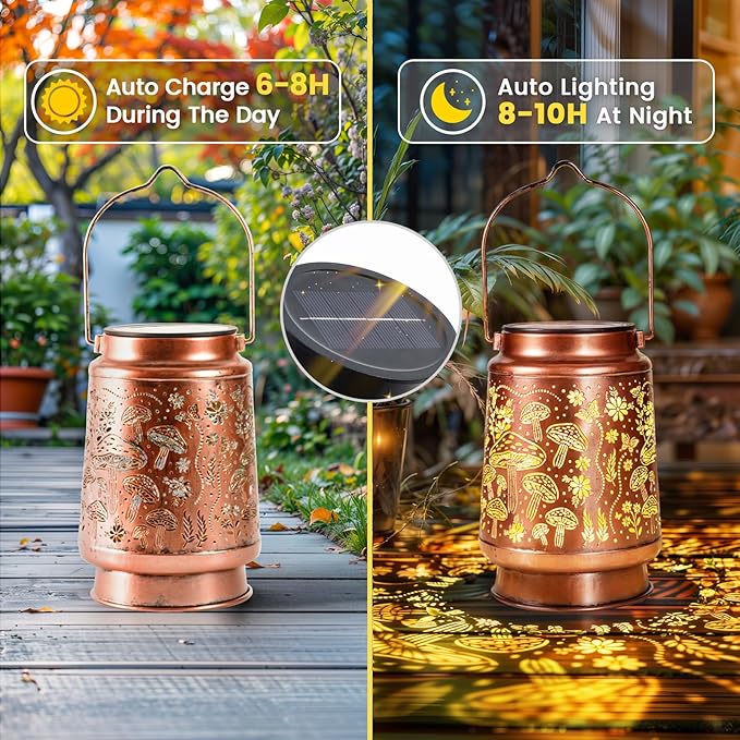 Homemory Solar Lanterns Mushroom Lights Outdoor Waterproof Garden Decor Women Gifts for Birthday, LED Hanging Solar Lights Metal Lantern Decoration Outside for Yard, Patio, Backyard, Porch, Lawn