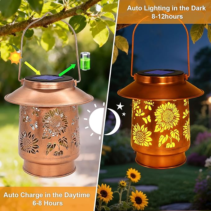 Sunflower Solar Lanterns Outdoor Waterproof Brim,Garden Decor Birthday Gifts for Women Mom Grandma,Metal Hanging Solar Lights Outside Decorative for Yard Patio Backyard Pathway