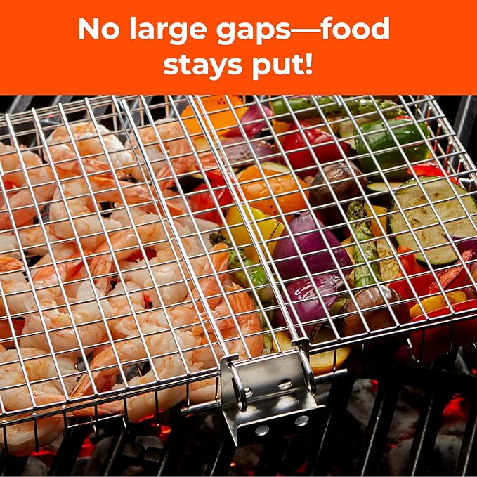 Stainless Steel Large Grill Basket with Removable Handle – 12.25 x 9.5 x 1.5 Inch BBQ Vegetable Basket with Easy Open Lid, Silicone Basting Brush & Scrub Sponge – Outdoor Cooking & Camping Accessory