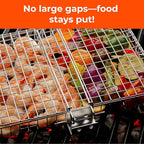 Stainless Steel Large Grill Basket with Removable Handle – 12.25 x 9.5 x 1.5 Inch BBQ Vegetable Basket with Easy Open Lid, Silicone Basting Brush & Scrub Sponge – Outdoor Cooking & Camping Accessory