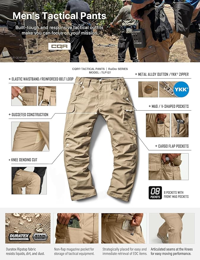 CQR Men's Tactical Pants, Water Resistant Ripstop Cargo Pants, Lightweight EDC Work Hiking Pants, Outdoor Apparel