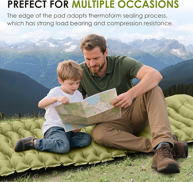 Self Inflating Sleeping Pad for Camping, Portable 4" Extra-Thick Camping Cots for Adults with Pillows & Built-in Foot Pump, Ultralight Camping Mattress for Tent Hiking Essentials Gear (Green, Single)