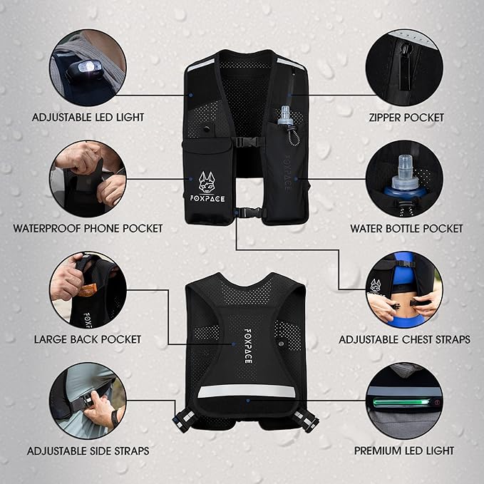 Running Vest for Women Men - Hydration Vest Water Bottle - Breathable Adjustable Backpack for Hiking Marathon - Waterproof Phone Pocket - Reflective Lights Up Rechargable Vest for Night Running