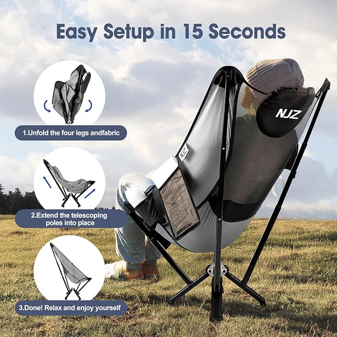 High Back Camping Folding Chairs - 600 LBS Capacity Heavy Duty Camping Chair with Comfortable Backrest & Headrest, Quick Setup - Compact Camp Chair for Picnic, Fishing, Beach, Lawn - Silver