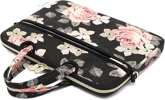 kayond Black Rose Patten water-resistant Laptop Shoulder Messenger Bag Case Sleeve for 14 Inch 14.1 Inch Laptop