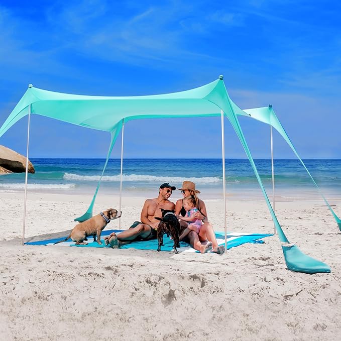 SUN NINJA Beach Tent Sun Shelter UPF50+ - Easy Pop Up Beach Canopy - Outdoor Shade for Camping Trips, Fishing, Backyard Fun Picnics - Sand Shovel, Ground Pegs & Stability Poles