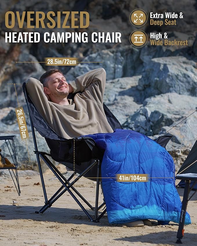 KingCamp Heated Oversized XL Camping Chair, Heavy Duty 500lbs Folding Couch for Adults, Padded Large Comfortable Sofa Seat 3 Heat Levels with Cooler Bag for Outdoor Sports Fishing Lawn, Black/Grey