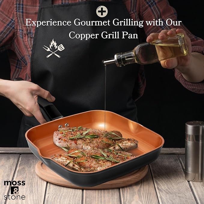 Moss & Stone Square Grill Pan For Indoor Cooking, 9.5In Frying Pan Copper Non-Stick Saute Fry Pan, Induction Copper Pan for Meats & Vegetables, Aluminum Griddle Nonstick Stove Top Grill Pan