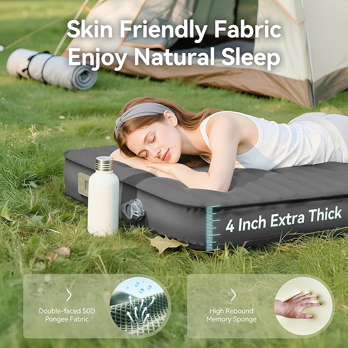 Self Inflating Camping Sleeping Pad, 4" Ultra-Thick Memory Foam Camping Air Mattress Pad with Built-in Electric Pump, 9.5 R-Value Insulated Sleeping Bag Mat Pads for Car Travel Tent Cot