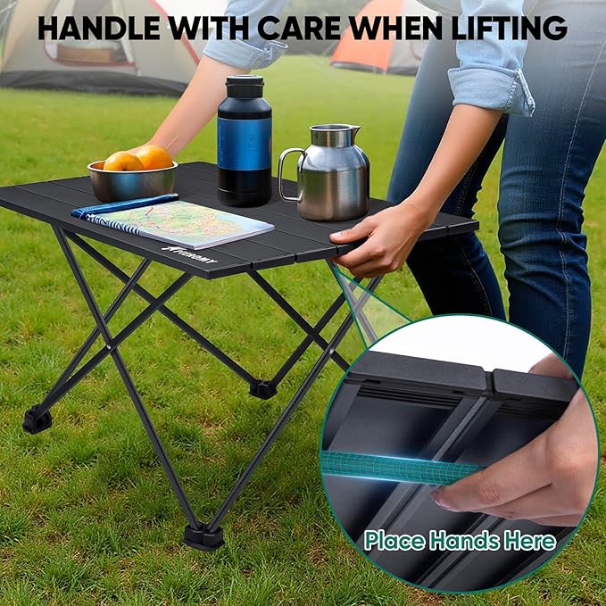 PTEROMY Medium Folding Camping Table, Portable Beach Table with Ultralight Aluminum Tabletop for Travel, Outdoor, Camping, Picnics, and BBQs (Black)