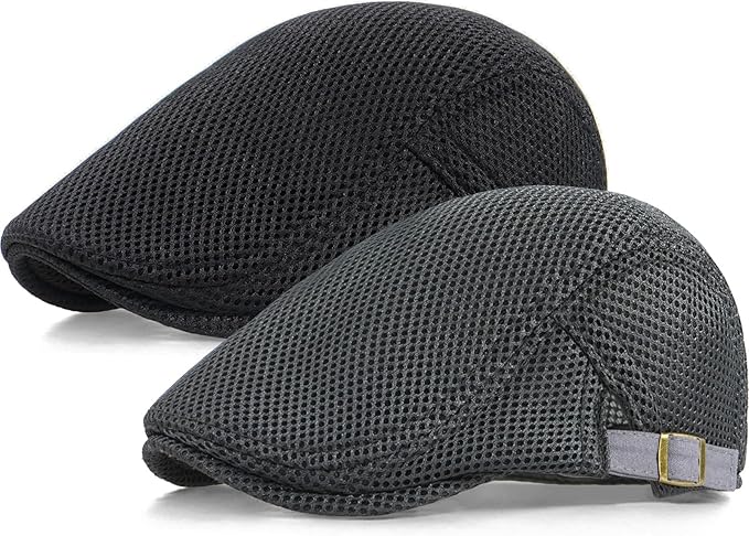 2 Pack Men's Mesh Cap Breathable Summer Newsboy Hat Adjustable Beret Ivy Cap Irish Cabbie Driving Hunting Hats