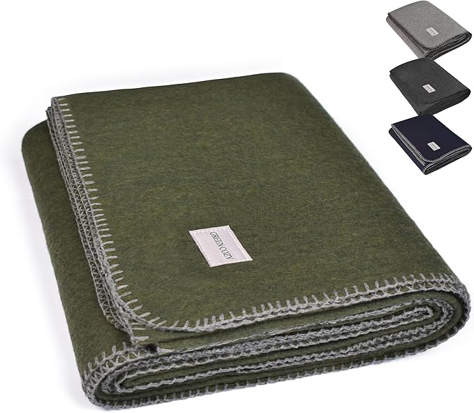 Military Style Wool Blanket – Cushioned, Breathable, Durable, Warm & Washable – Double-Stitched Border– Great for Camping, Outdoor, First Aid, Travel, Car, Fire-Resistant – 64"x90" 4.5lb (Olive Green)