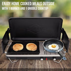 Hike Crew 2-in-1 Gas Camping Stove and Griddle, Portable Propane Burner w/Integrated Igniter & Stainless Drip Tray | Built-in Carrying Handle, Foldable Legs & Wind Panels | Includes Regulator