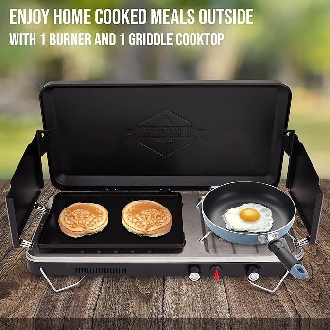 Hike Crew 2-in-1 Gas Camping Stove and Griddle, Portable Propane Burner w/Integrated Igniter & Stainless Drip Tray | Built-in Carrying Handle, Foldable Legs & Wind Panels | Includes Regulator