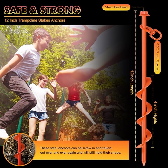 8 Pcs Ground Anchors Screw in, 12 Inch Heavy Duty Tent Stakes with Trampoline Anchor Hook Ground Stakes for Camping Tent Canopies Ports Sheds Swing Sets Securing Animals (Orange)