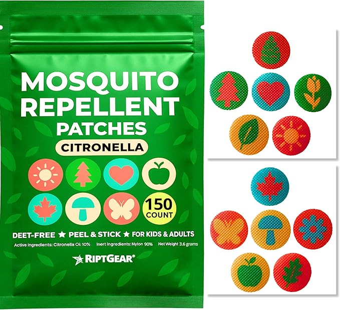 RiptGear Mosquito Patches - 150 Pack of Mosquito Stickers for Kids and Adults, Natural Mosquito Sticker, Citronella Patch Sticks to Any Surface - DEET Free
