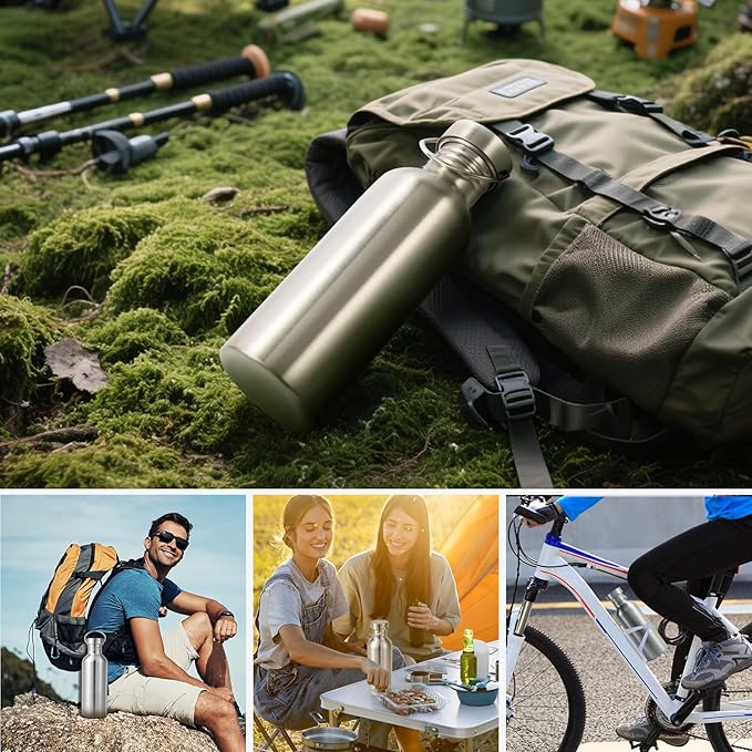 Volhoply 32oz Stainless Steel Water Bottle with Handle 4 Pack,Non Insulated Single Wall, Dishwasher Safe No Plastic 18/8 304 Metal Water Bottles with Wide Mouth for Camping, Hikers, Cyclists