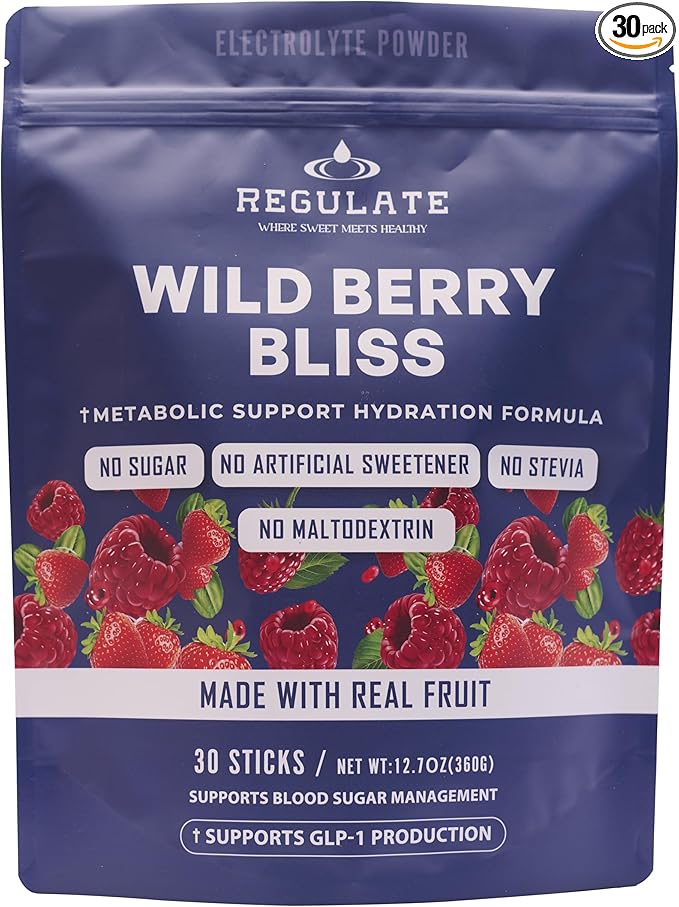 Regulate – Wild Berry Bliss Electrolyte Drink Mix | 30 Sticks | with Chromium & Electrolytes | Sweetened with Allulose & Monk Fruit | No Sugar, No Stevia | Vegan, Gluten-Free