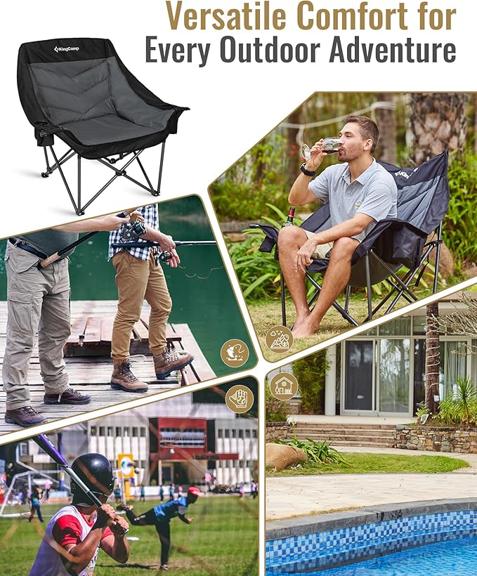 KingCamp Oversized XL Camping Chair, Heavy Duty 500lbs Folding Couch for Adults, Padded Large Comfortable Sofa Seat with Cooler Bag Cup Holder for Outdoor Sports Fishing Patio Lawn, Black/Grey