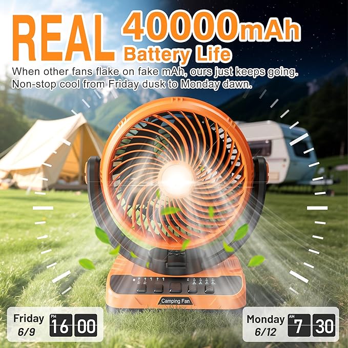 40000mAh Battery Operated Camping Fan - 136H Max Cooling, Rechargeable Battery Powered Oscillating Floor Fan with Charger, Remote & Hook, Portable for Tent Outdoor Patio Garage Hurricane Power Outage