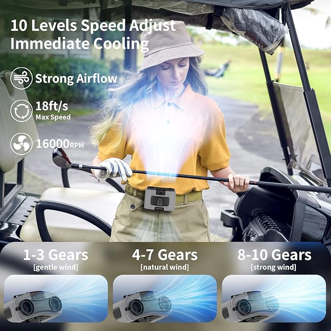 Socool 10000mAh Portable Waist Fan Clip on Wearable Belt Personal Fans Rechargeable Battery Operated, 20H Cooling with 10 Speeds & Dual Motors,Neck Hanging Hands-Free for Outdoor Travel Power Bank