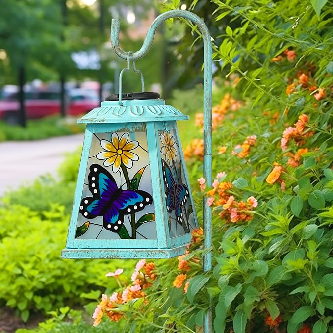Solar Lantern with Shepherd Hook, Hanging Lantern with LED Lights, Outdoor Waterproof Solar Lanterns Metal Lamp Decoration Garden Patio Yard Pathway, Gifts for Mom Grandma Women, Butterfly
