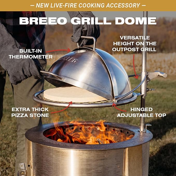 Breeo Grill Dome and Outpost Grill Bundle – Hinged Stainless Steel Dome w/Built-in Thermometer, Griddle Accessories Kit, Outdoor Set for Live-Fire Cooking – Fits X/19, Y Series