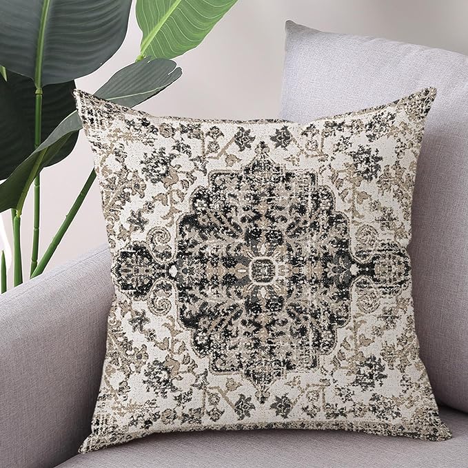 Waterproof Throw Pillow Covers 20X20 Inch Set of 2 Bohemian Vintage Carpet Pattern Black Grey Ethnic Design Decorative Farmhouse for Couch Garden Balcony (Boho-5-2)