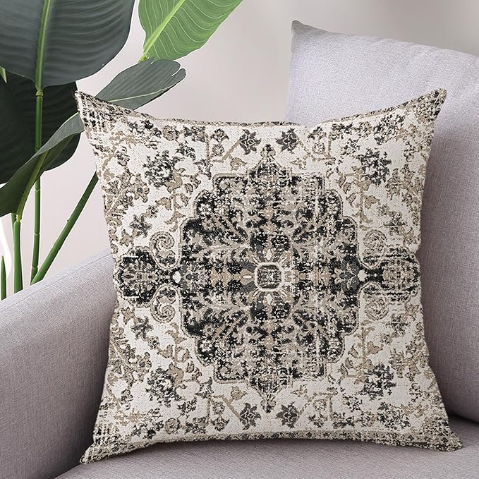 Outdoor Waterproof Pillow Covers - 18x18 Inch Set of 2 Bohemian Vintage Carpet Pattern Pillow Covers in Black & Grey Ethnic Design for Decorative Farmhouse, Couch, Garden, Balcony