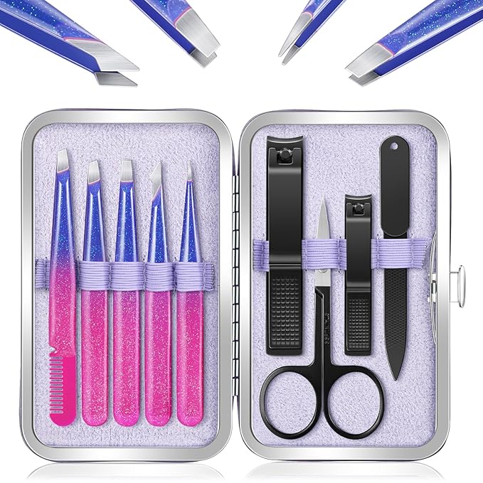 MORGLES Eyebrow Tweezers for Women and Nail Clipper Set with Travel Case Precision Tweezers for Facial & Ingrown Hair Removal with Scissors