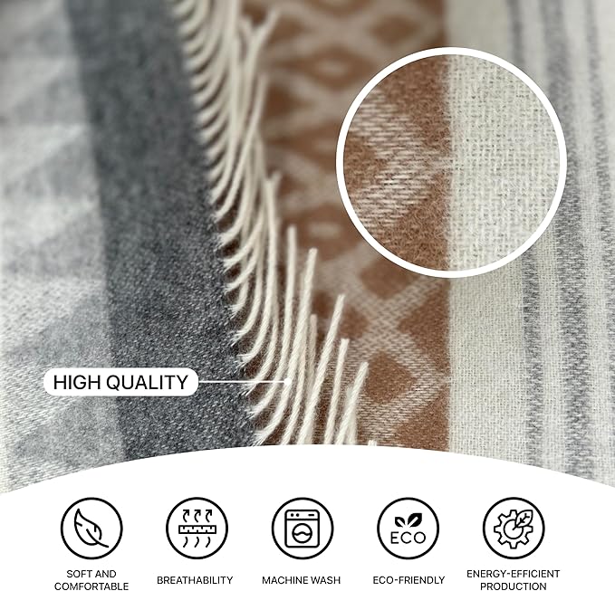 New Zealand Virgin Wool Throw Blanket, Indoor and Outdoor Blankets and Throws, Soft Blanket with Fringes and Pattern