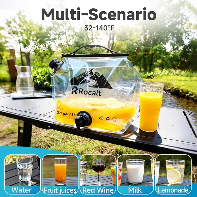 Rocalt 2 Pack Collapsible Water Bag, 2.1Gallon Water Storage Bag, BPA Free Emergency Drinking Camping Water Container for Hiking, Travel, Survival & Outdoor