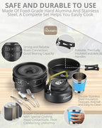 HOMGEN 12-Pieces Ultralight Anodized Aluminum Camping Cookware Set for 2 People - Nesting Pot/Pan with Foldable Handles 800ml Insulated Teapot & Stainless Cups for Camping Hiking