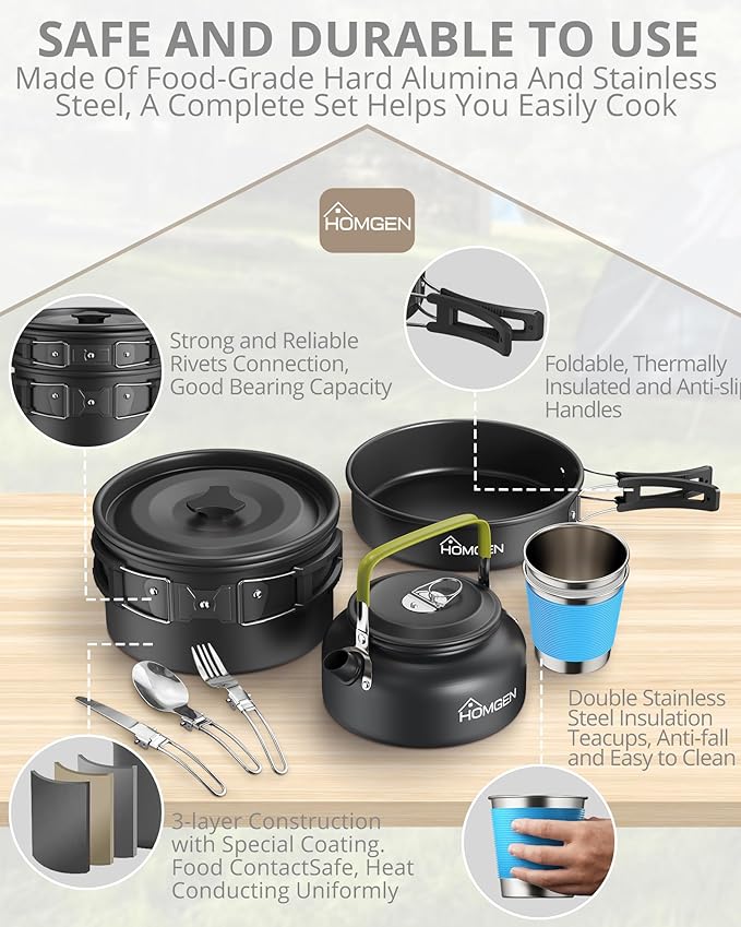 HOMGEN 12-Pieces Ultralight Anodized Aluminum Camping Cookware Set for 2 People - Nesting Pot/Pan with Foldable Handles 800ml Insulated Teapot & Stainless Cups for Camping Hiking